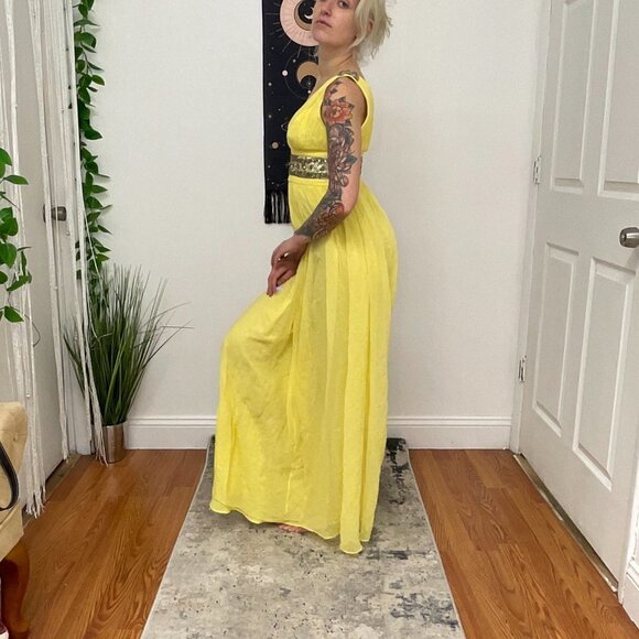 Marchesa Notte Sleeveless Fit & Flare Maxi Dress Beaded Waist Size 4 Yellow - Picture 5 of 13